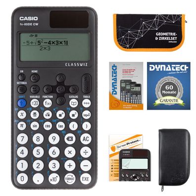 Casio FX-85 DE CW mit schwarzer Tasche, Zirkelset orange, Folie, Buch, Garantie