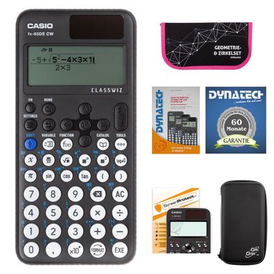 Casio FX-85 DE CW mit CalcCase-Schutztasche, Zirkelset pink, Folie, Buch, Garantie