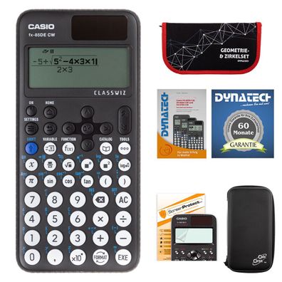 Casio FX-85 DE CW mit CalcCase-Schutztasche, Zirkelset rot, Folie, Buch, Garantie