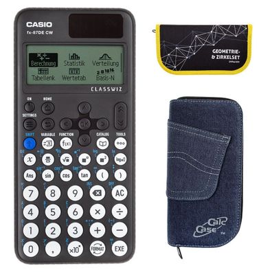 Casio FX-87 DE CW mit Jeans-Tasche dunkelblau und Zirkelset gelb (Gr. Taschenrechner)