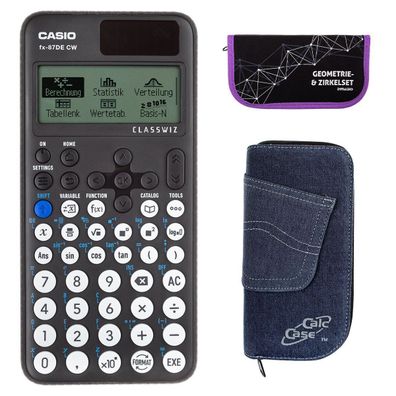 Casio FX-87 DE CW mit Jeans-Tasche dunkelblau und Zirkelset lila (Gr. Taschenrechner)