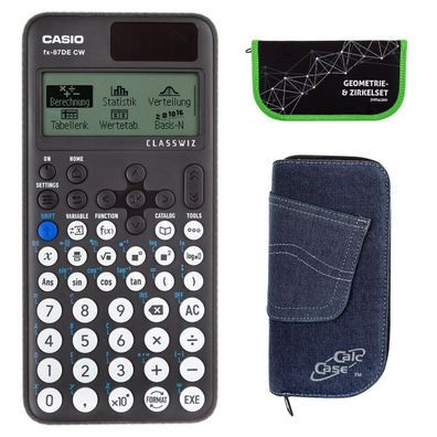 Casio FX-87 DE CW mit Jeans-Tasche dunkelblau und Zirkelset grün (Gr. Taschenrechner)