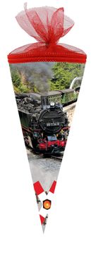 Nestler Schultüte 22 cm rund Tüll/ Textilborte Dampfeisenbahn