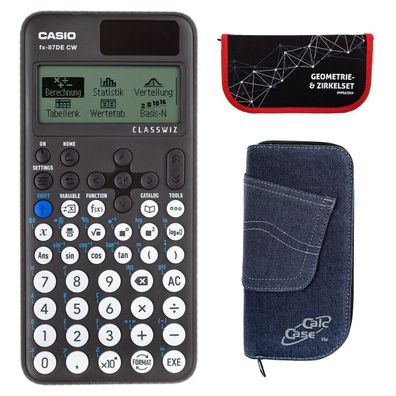 Casio FX-87 DE CW mit Jeans-Tasche dunkelblau und Zirkelset rot (Gr. Taschenrechner)
