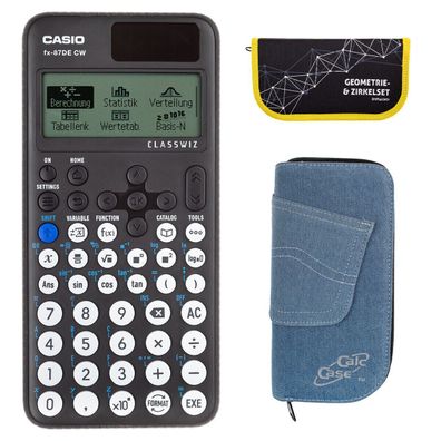 Casio FX-87 DE CW mit Jeans-Tasche hellblau und Zirkelset gelb (Gr. Taschenrechner)