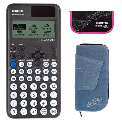 Casio FX-87 DE CW mit Jeans-Tasche hellblau und Zirkelset pink (Gr. Taschenrechner)
