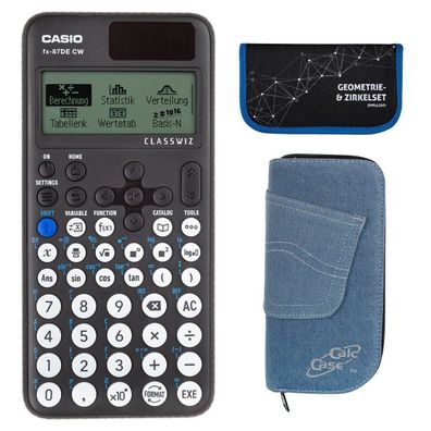 Casio FX-87 DE CW mit Jeans-Tasche hellblau und Zirkelset blau (Gr. Taschenrechner)
