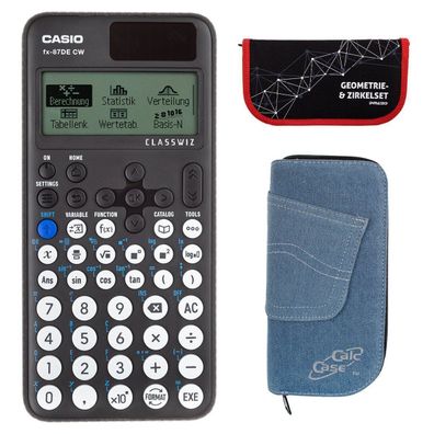 Casio FX-87 DE CW mit Jeans-Tasche hellblau und Zirkelset rot (Gr. Taschenrechner)