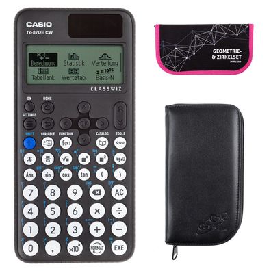 Casio FX-87 DE CW mit schwarzer Tasche und Zirkelset pink (Gr. Taschenrechner)