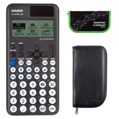 Casio FX-87 DE CW mit schwarzer Tasche und Zirkelset grün (Gr. Taschenrechner)
