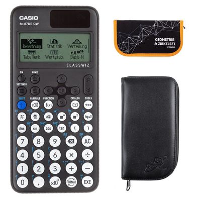 Casio FX-87 DE CW mit schwarzer Tasche und Zirkelset orange (Gr. Taschenrechner)