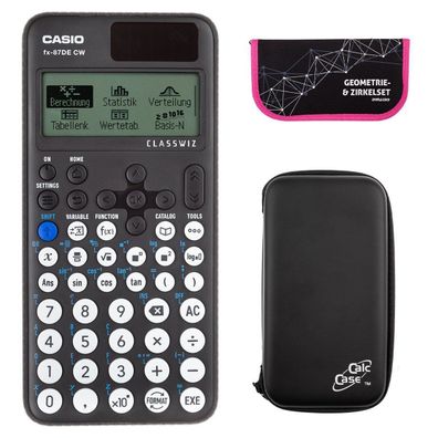 Casio FX-87 DE CW mit CalcCase-Schutztasche und Zirkelset pink (Gr. Taschenrechner)