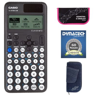 Casio FX-87 DE CW mit Jeans-Tasche dunkelblau, Zirkelset pink und Garantie