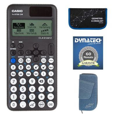 Casio FX-87 DE CW mit Jeans-Tasche hellblau, Zirkelset blau und Garantie