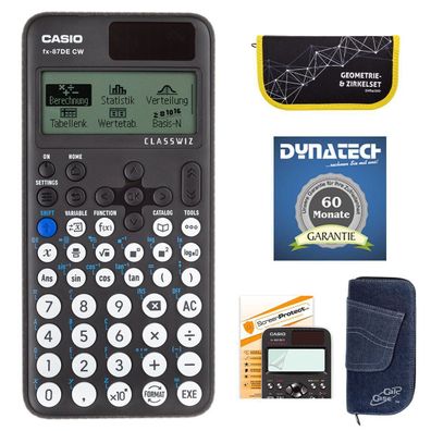 Casio FX-87 DE CW + Jeans-Tasche dunkelblau, Zirkelset gelb, Schutzfolie, Garantie