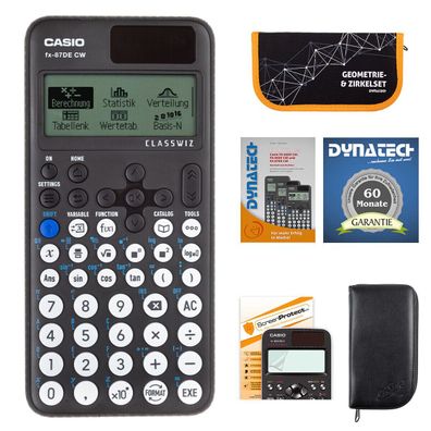 Casio FX-87 DE CW mit schwarzer Tasche, Zirkelset orange, Folie, Buch, Garantie
