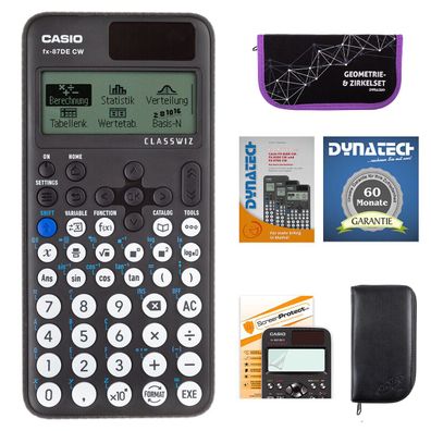 Casio FX-87 DE CW mit schwarzer Tasche, Zirkelset lila, Folie, Buch, Garantie