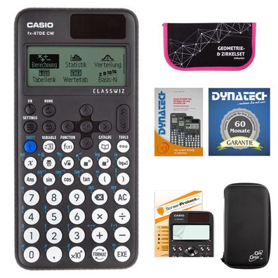 Casio FX-87 DE CW mit CalcCase-Schutztasche, Zirkelset pink, Folie, Buch, Garantie