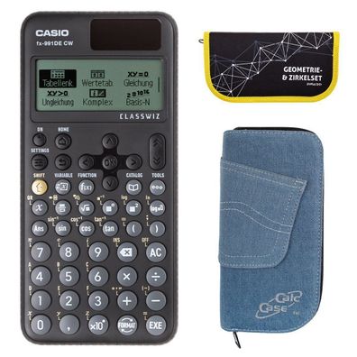 Casio FX-991 DE CW mit Jeans-Tasche hellblau und Zirkelset gelb (Gr. Taschenrechner)