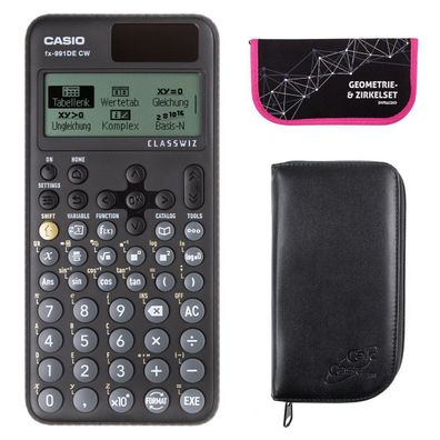 Casio FX-991 DE CW mit schwarzer Tasche und Zirkelset pink (Gr. Taschenrechner)