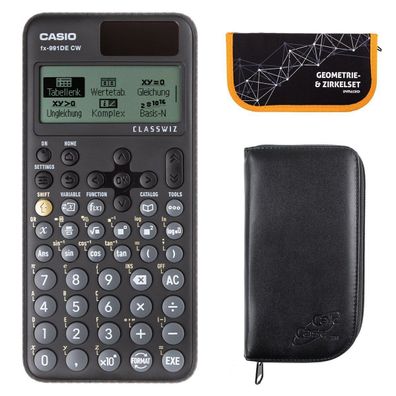 Casio FX-991 DE CW mit schwarzer Tasche und Zirkelset orange (Gr. Taschenrechner)