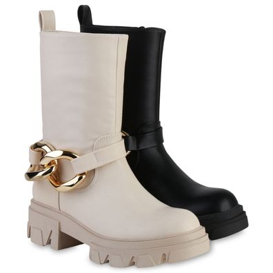 VAN HILL Damen Plateau Boots Stiefeletten Ketten Stiefel Profil-Sohle Schuhe 837957