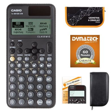 Casio FX-991 DE CW mit schwarzer Tasche, Zirkelset orange, Schutzfolie, Garantie