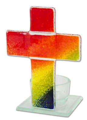 Glas-Teelicht Kreuz, Stehkreuz Regenbogen