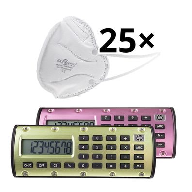 Taschenrechner HP QuickCalc 1x Rechner pink / grün + 25 Mundschutz Schutz Maske