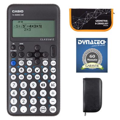 Casio FX-82 DE CW mit schw. Tasche, Zirkelset orange + Garantieverlängerung