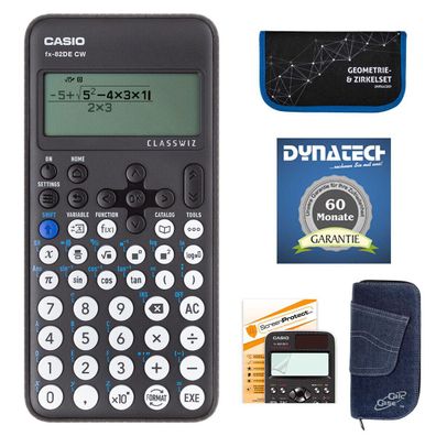 Casio FX-82 DE CW mit Jeans-Tasche, Zirkelset blau, Displayfolie und Garantie