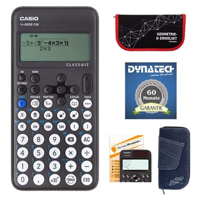 Casio FX-82 DE CW mit Jeans-Tasche, Zirkelset rot, Displayfolie und Garantie