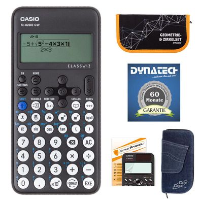 Casio FX-82 DE CW mit Jeans-Tasche, Zirkelset orange, Displayfolie und Garantie