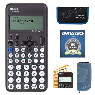 Casio FX-82 DE CW mit Jeans-Tasche, Zirkelset blau, Displayfolie und Garantie