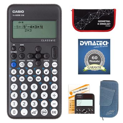 Casio FX-82 DE CW mit Jeans-Tasche, Zirkelset rot, Displayfolie und Garantie