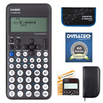 Casio FX-82 DE CW mit Schutztasche, Zirkelset blau, Displayfolie und Garantie