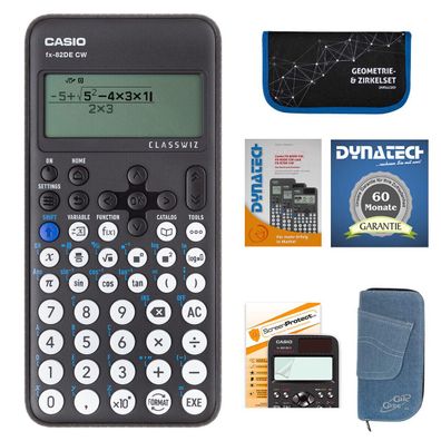 Casio FX-82 DE CW mit Jeans-Tasche, Zirkelset, Displayfolie, Arbeitsbuch, Garantie