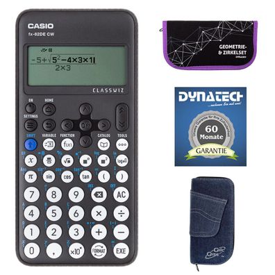 Casio FX-82 DE CW mit Jeans-Tasche, Zirkelset lila + Garantieverlängerung