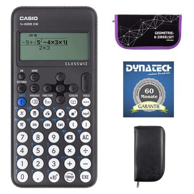 Casio FX-82 DE CW mit schwarzer Tasche, Zirkelset lila + Garantieverlängerung