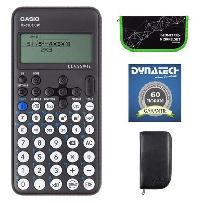 Casio FX-82 DE CW mit schwarzer Tasche, Zirkelset grén + Garantieverlängerung