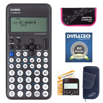 Casio FX-82 DE CW mit Jeans-Tasche, Zirkelset pink, Displayfolie und Garantie