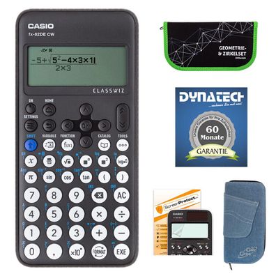 Casio FX-82 DE CW mit Jeans-Tasche, Zirkelset grün, Displayfolie und Garantie