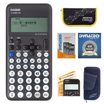 Casio FX-82 DE CW + Jeans-Tasche dunkelblau, Zirkelset gelb, Folie, Buch, Garantie