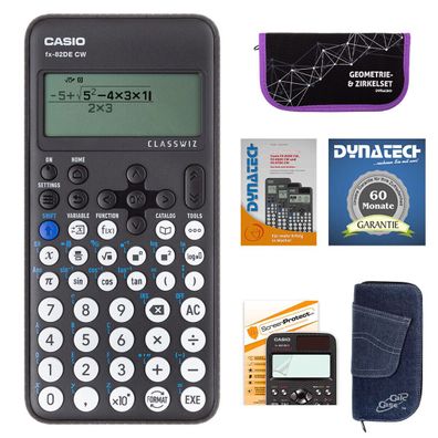 Casio FX-82 DE CW + Jeans-Tasche dunkelblau, Zirkelset lila, Folie, Buch, Garantie