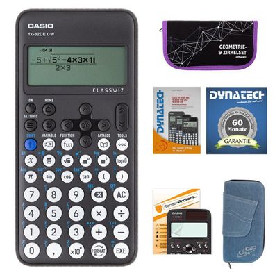 Casio FX-82 DE CW + Jeans-Tasche hellblau, Zirkelset lila, Folie, Buch, Garantie