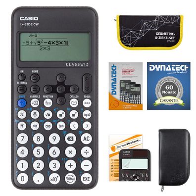 Casio FX-82 DE CW mit schwarzer Tasche, Zirkelset gelb, Folie, Buch, Garantie