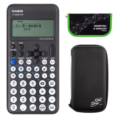 Casio FX-82 DE CW mit CalcCase-Schutztasche und Zirkelset grün (Gr. Taschenrechner)