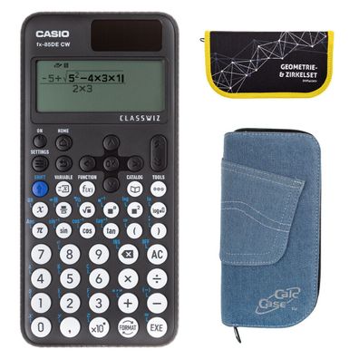 Casio FX-85 DE CW mit Jeans-Tasche hellblau und Zirkelset gelb (Gr. Taschenrechner)