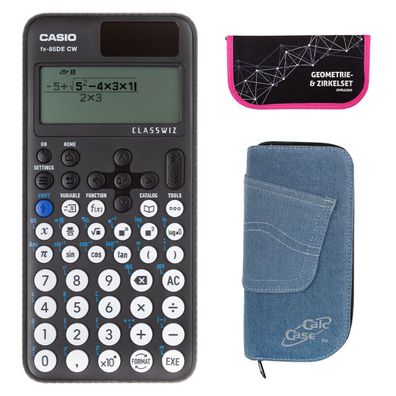 Casio FX-85 DE CW mit Jeans-Tasche hellblau und Zirkelset pink (Gr. Taschenrechner)