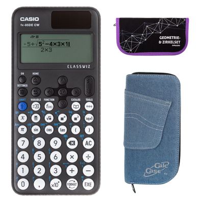Casio FX-85 DE CW mit Jeans-Tasche hellblau und Zirkelset lila (Gr. Taschenrechner)